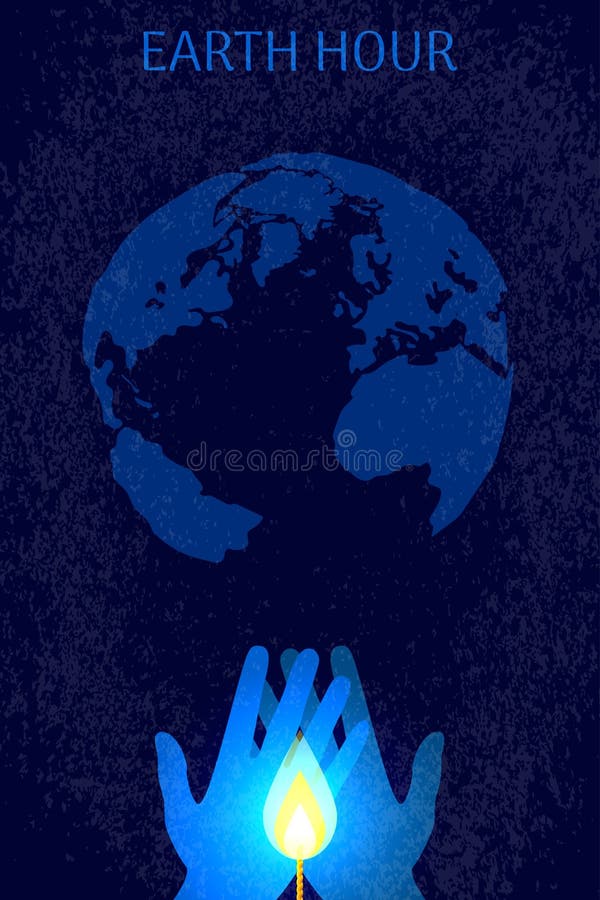 Hora de la tierra Silueta de un planeta sin la iluminación eléctrica Manos que sostienen una llama de vela stock de ilustración Hora de la tierra Silueta de un planeta sin la iluminación eléctrica Manos que sostienen una llama de vela stock de ilustración