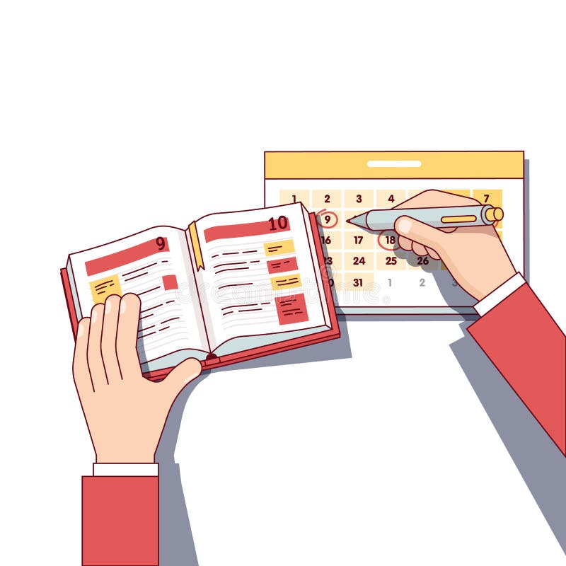 Horario del día del planeamiento del hombre de negocios en libro del diario libre illustration Horario del día del planeamiento del hombre de negocios en libro del diario libre illustration