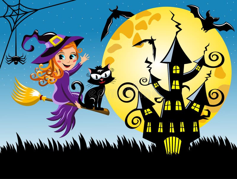 Horisontalbakgrund för ung halloween för häxaflygkvast natt vektor illustrationer Horisontalbakgrund för ung halloween för häxaflygkvast natt vektor illustrationer