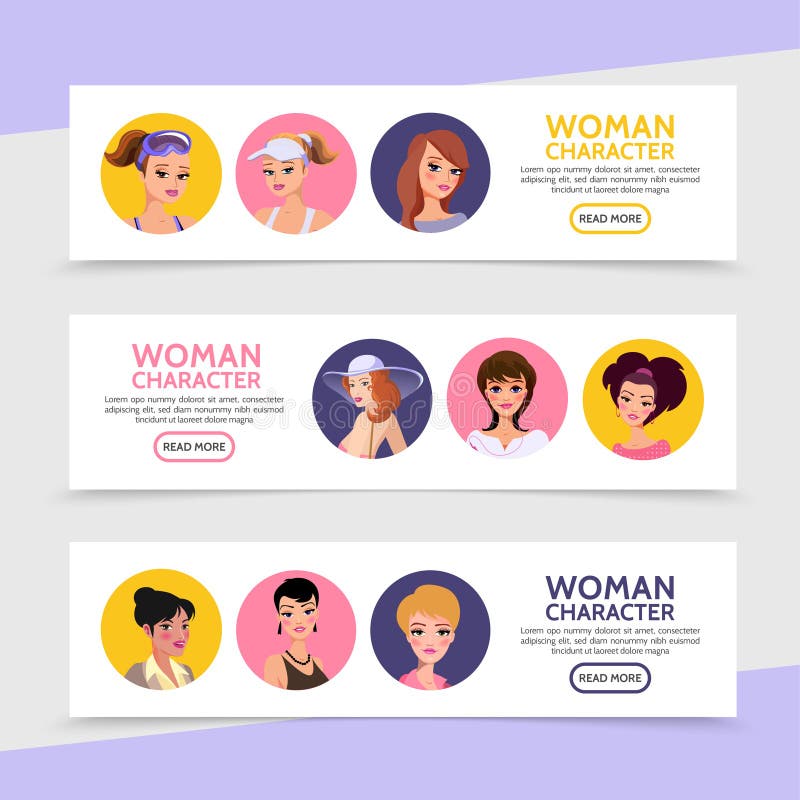 Horisontalbaner för plana kvinnateckenAvatars vektor illustrationer Horisontalbaner för plana kvinnateckenAvatars vektor illustrationer
