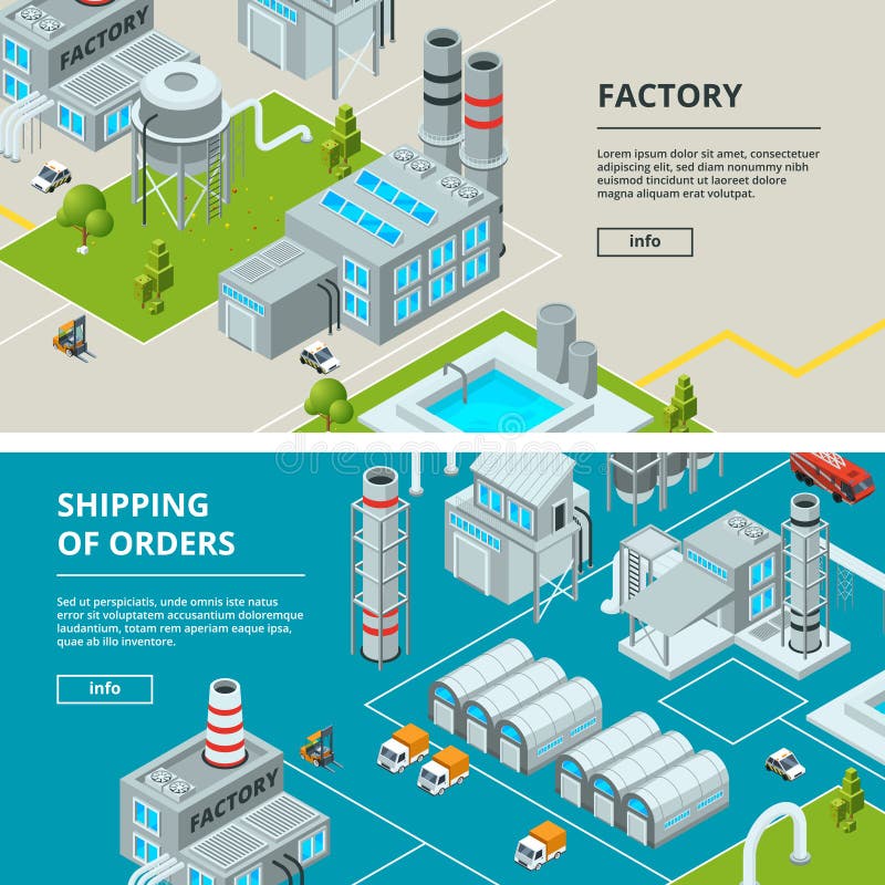 Horisontalbaner med industribyggnader Isometrisk fabrik vektor illustrationer Horisontalbaner med industribyggnader Isometrisk fabrik vektor illustrationer
