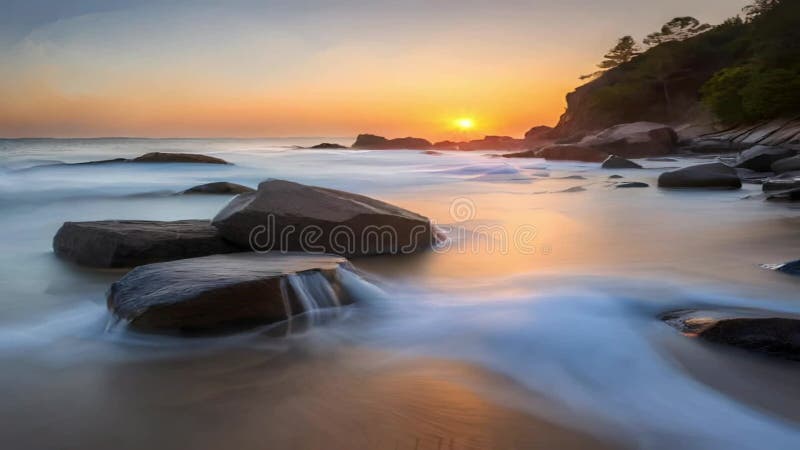 The horizon is a beautiful view, the water on the beach flows slowly, complete with sunset light and rocks in the area