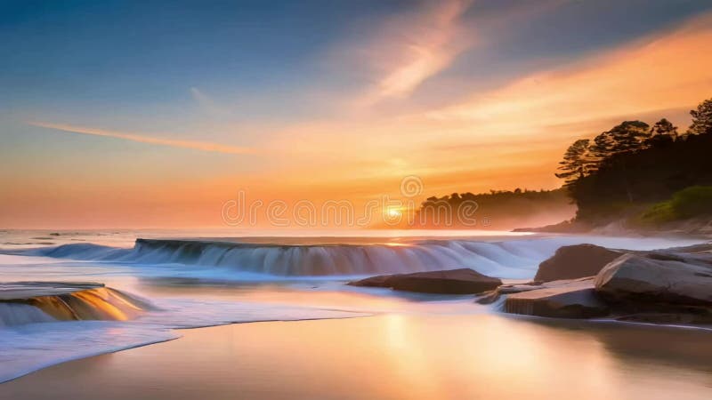 The horizon is a beautiful view, the water on the beach flows slowly, complete with sunset light and rocks in the area