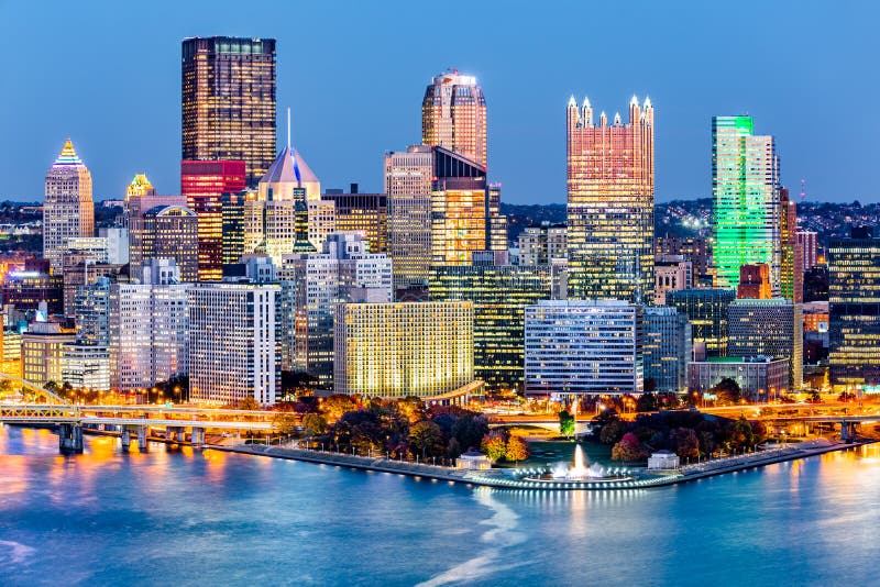 Pittsburgh, Pennsylvania downtown skyline at dusk. Located at the confluence of the Allegheny, Monongahela and Ohio rivers, Pittsburgh is also known as `Steel City`, for its more than 300 steel-related businesses. Pittsburgh, Pennsylvania downtown skyline at dusk. Located at the confluence of the Allegheny, Monongahela and Ohio rivers, Pittsburgh is also known as `Steel City`, for its more than 300 steel-related businesses