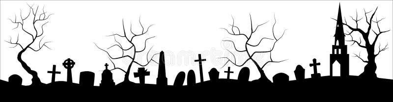 Black Silhouette of Cemetery and Trees on Green Background with Moon ...
