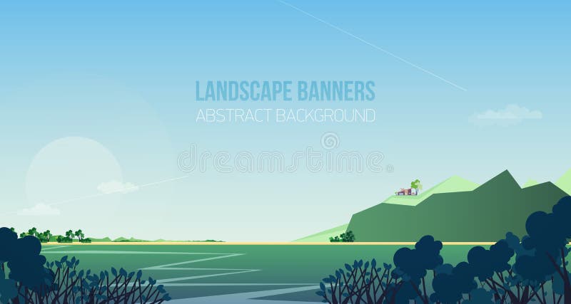 Horizontal banner with gorgeous riverside landscape or scenery. Picturesque view with river, bushes or shrubs, house or vector illustration Horizontal banner with gorgeous riverside landscape or scenery. Picturesque view with river, bushes or shrubs, house or vector illustration