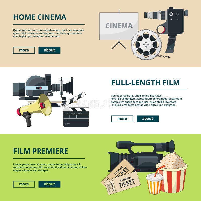 Horizontal banners set with cinema compositions. Video entertainment pictures royalty free illustration Horizontal banners set with cinema compositions. Video entertainment pictures royalty free illustration