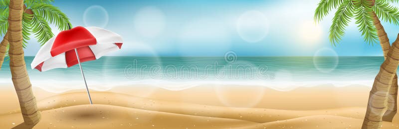 Horizontal beach banner with palm trees and parasol