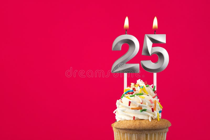 Burning candle number 25 - Birthday card with cake royalty free stock images