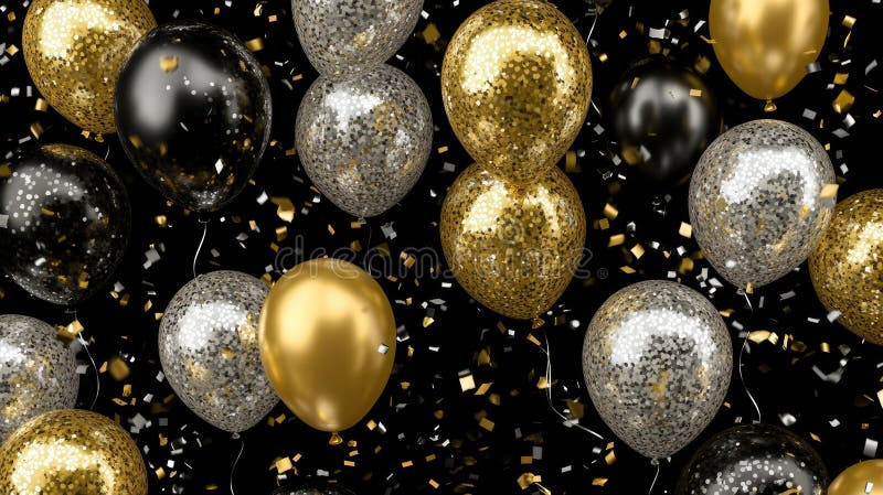 A horizontal birthday illustration featuring realistic 3D golden and silver balloons on a black background, complete stock images