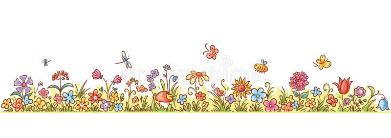 Bunte Blume Grenze mit vielen cartoon-Blumen, gras und die Schmetterlinge, keine Farbverläufe.