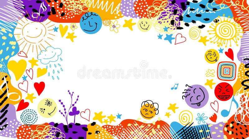 Horizontal cheerful decorative multicolored frame. Hand drawn. Not AI, vector illustration. stock photos