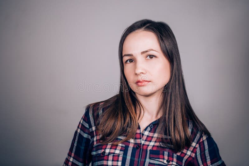 Horizontal Close-up Portrait of Beautiful Brunette Woman on Grey ...