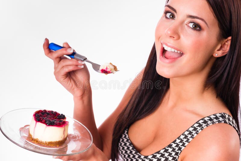 Horizontal Composition Attractive Brunette Woman Eating Sweets