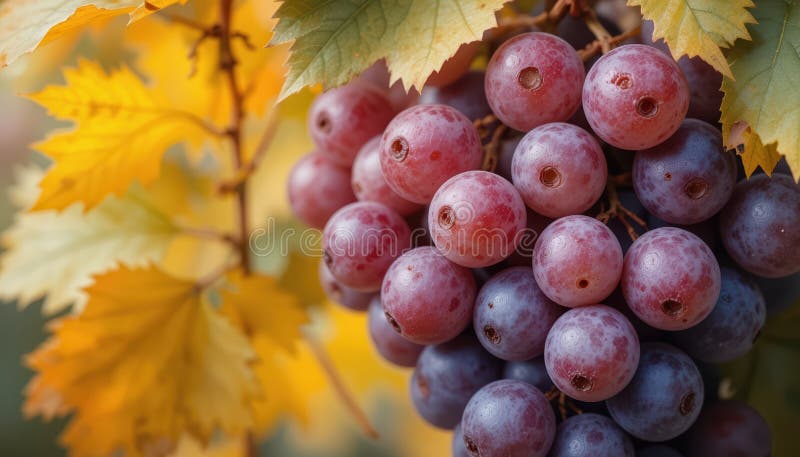 Crimson and Indigo Grapes Nestled Among Golden Vineyard Foliage royalty free stock photo