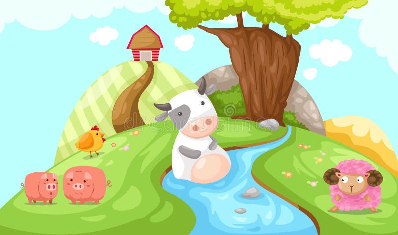 Illustration of landscape farm with animals. Illustration of landscape farm with animals
