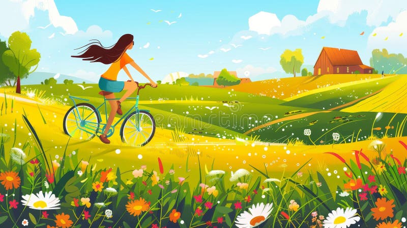 Horizontal farm life landing page template. Cartoon modern illustration of girl riding bicycle in rural area. Summer field landscape with flowers, grass, trees. Agricultural business.. AI generated