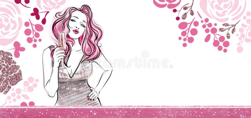 Horizontal floral banner. Girl with a glass of champagne sending air kiss. Templates for invintation stock illustration Horizontal floral banner. Girl with a glass of champagne sending air kiss. Templates for invintation stock illustration