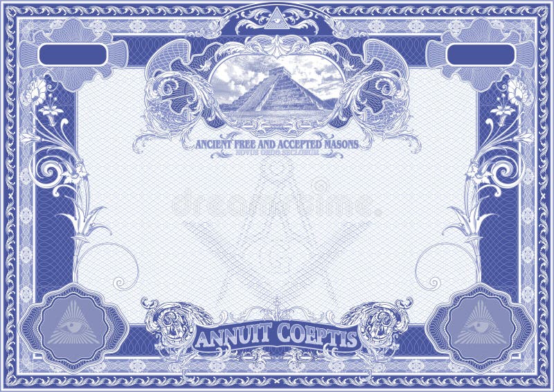 Horizontal form for creating certificates, diplomas, bills and other securities. Classic design with Masonic symbols, in blue.