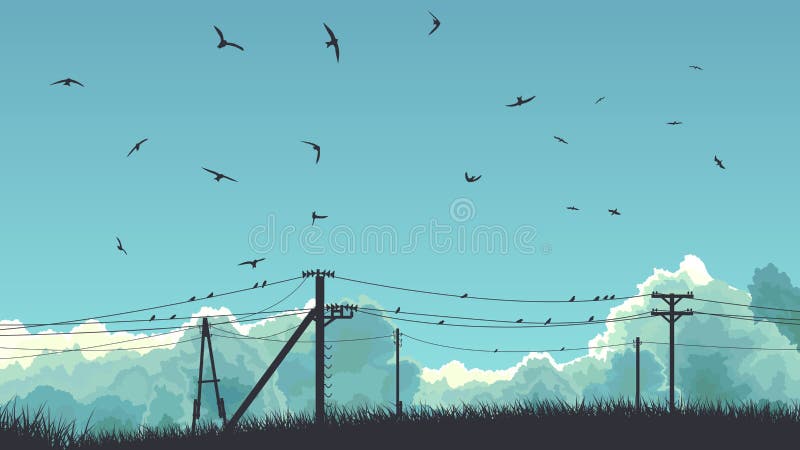 Horizontal illustration of birds in sky and on power line. vector illustration