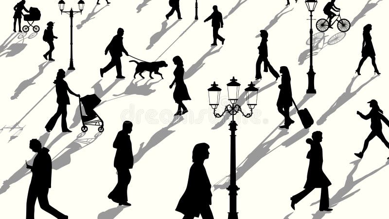 Horizontal illustration of crowd people silhouettes with shadows royalty free illustration