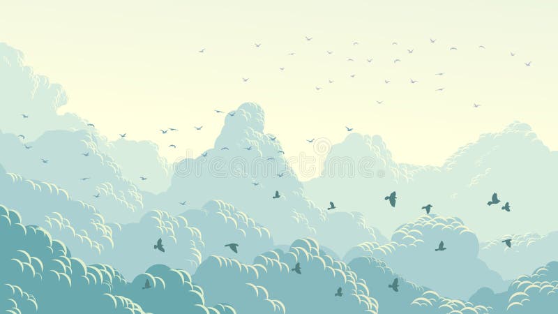 Horizontal illustration of flock, blue sky and clouds.