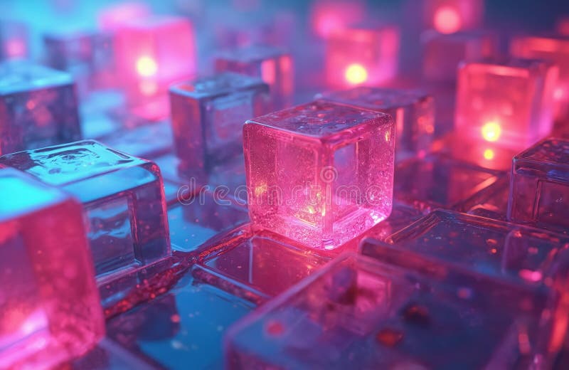 Horizontal illustration with glowing transparent abstract cubes, layers background. Futuristic tech, AI design with vibrant royalty free stock photography