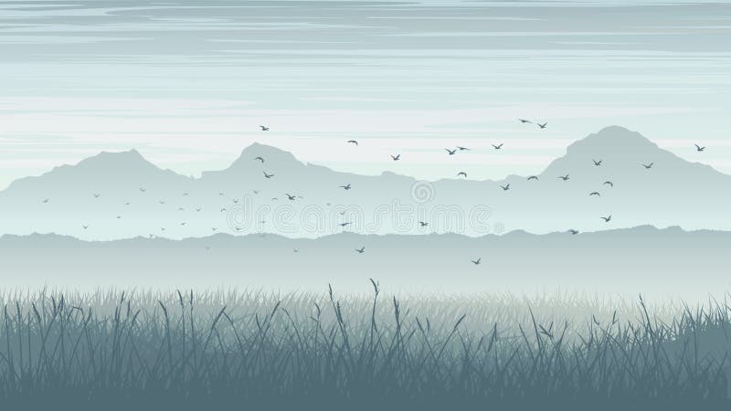 Horizontal illustration of misty landscape with birds in sky. royalty free illustration Horizontal illustration of misty landscape with birds in sky. royalty free illustration