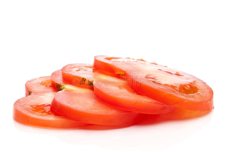 A horizontal image of a stack of 4 fresh tomato sl