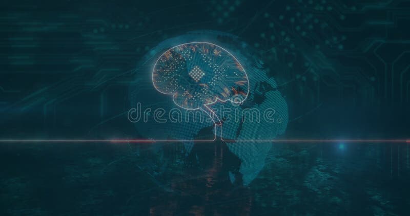 Horizontal line starting brain emerging nodes pulsing and globe rotating to show digital network stock video footage