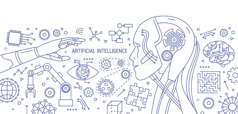 Horizontal monochrome banner with robot, robotic arm, integrated circuits, hi-tech devices drawn with contour lines on royalty free illustration