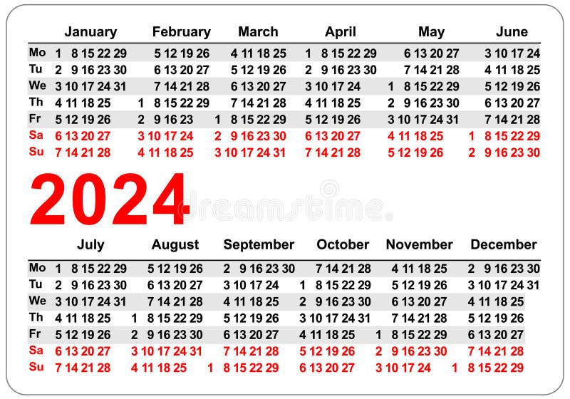 2024 Horizontal Pocket Calendar Grid Template Isolated on White Vector