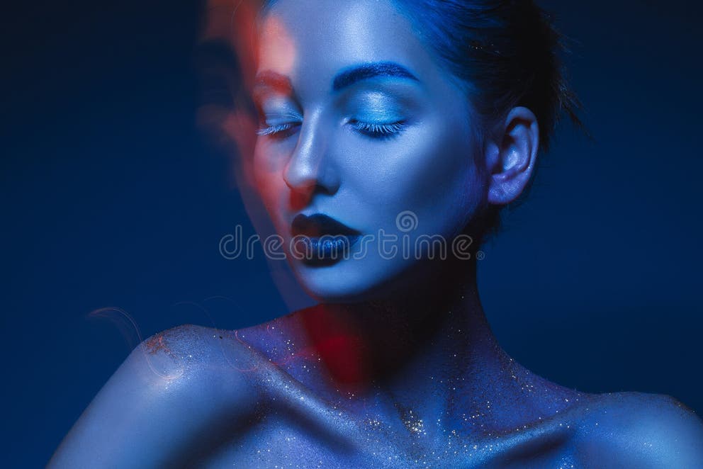 Horizontal Portrait of Sensual Woman in Blue Body Art Stock Photo Horizontal Portrait of Sensual Woman in Blue Body Art Stock Photo