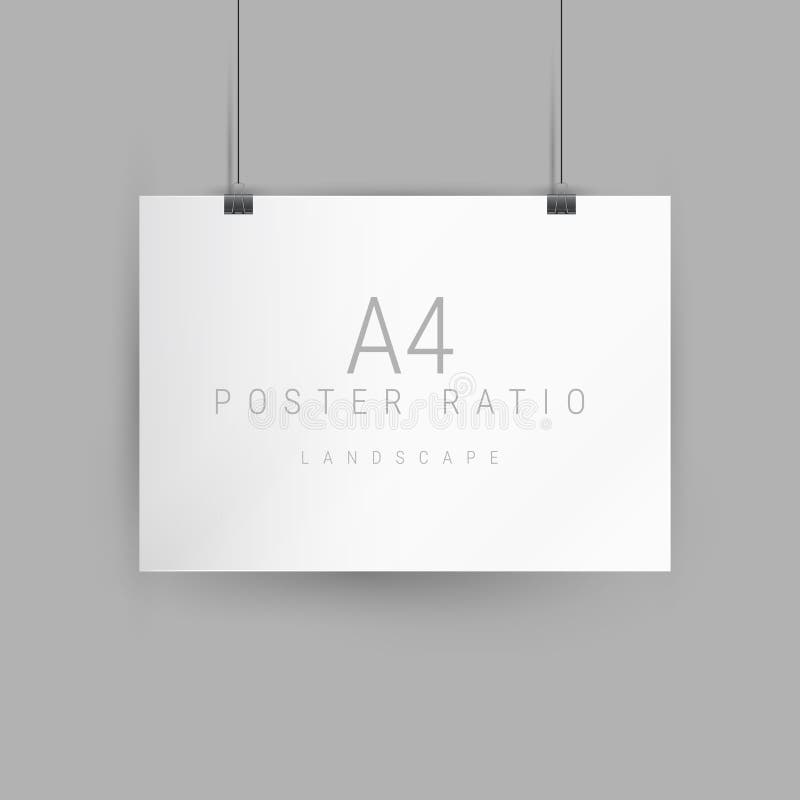 Horizontal Poster Mockup. Empty A4 Sized Paper Frame Hanging with Paper
