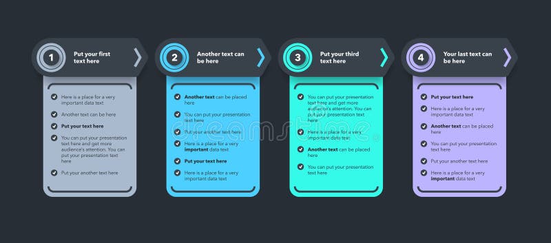 Arrow infographic process template with four colorful steps - dark version stock illustration