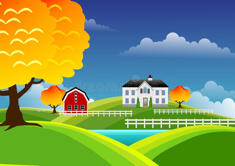 An illustration of scenic landscape with farm house in autumn. An illustration of scenic landscape with farm house in autumn