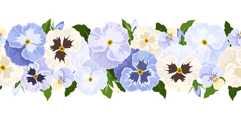 Horizontal seamless background with blue and white pansy flowers. Vector illustration.