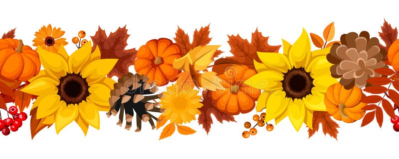 Vettore orizzontalmente senza soluzione di continuità zucca, girasole, un colorato autunno foglie.