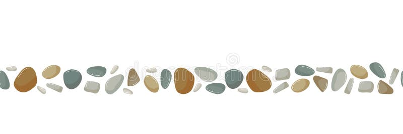 Horizontal Seamless Beach Pebbles Border. Various Shapes Different