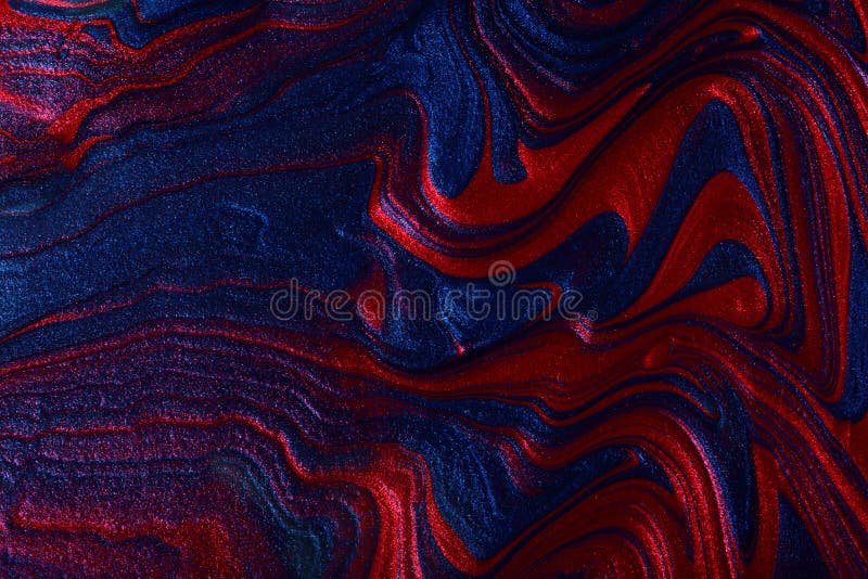 Horizontal shimmer blue and red abstract background. Make up concept.Beautiful stains of liquid nail laquers.Fluid art,pour