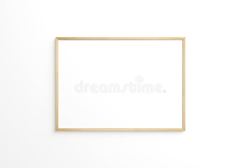 Horizontal Thin Wooden Frame on White Wall. 3d Rendering Stock