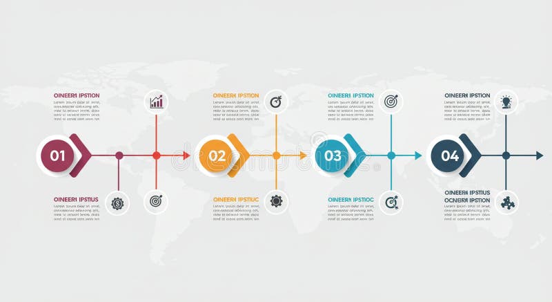 Horizontal timeline infographic featuring four key steps, represented by colored stock illustration