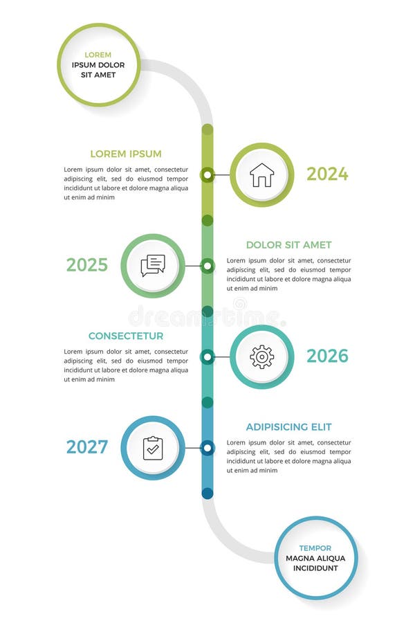 Vertical timeline infographic template with four milestones showing showing progression through four years with icons and text sections. History timeline vertical vectors