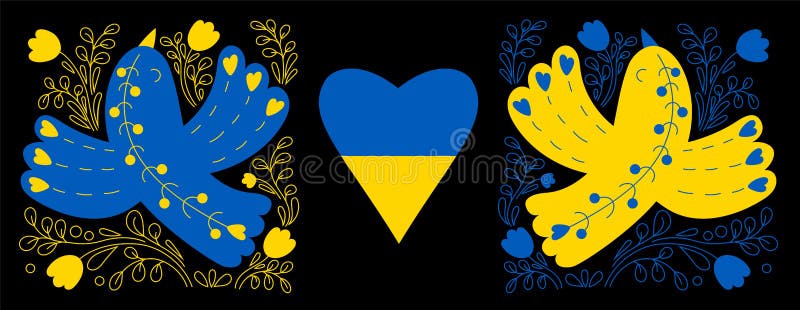 Horizontal Ukrainian poster with yellow and blue birds with heart on black background with floral openwork pattern