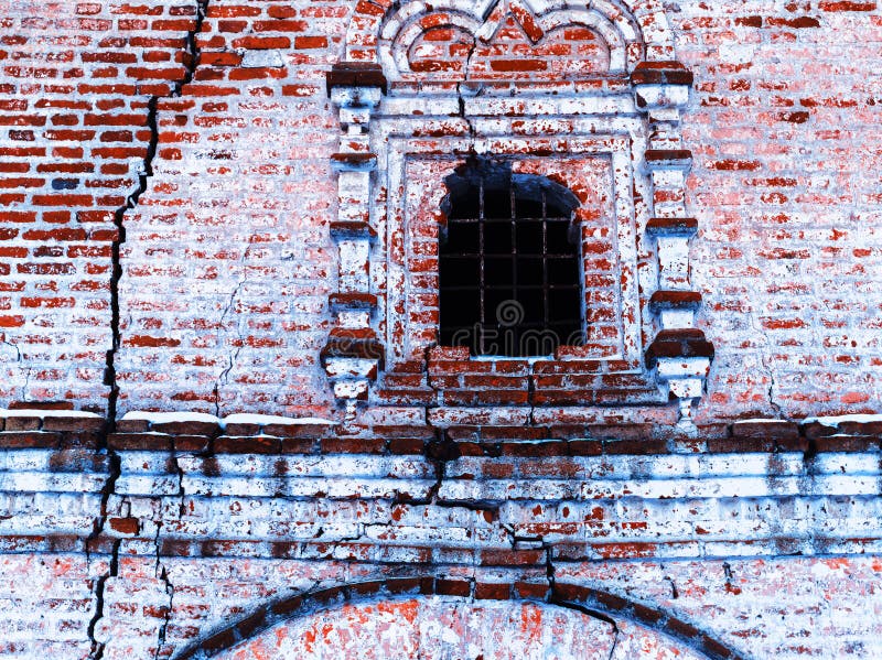 Horizontal vintage cracked textured brick wall of Russian church