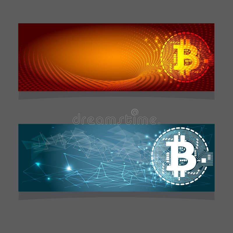 Horizontal web banner with golden bitcoin and dark blue background with microchip and place for your text. royalty free illustration