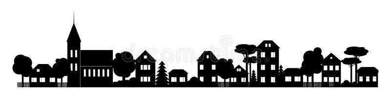 Horizontale banner zwarte en witte vector van het kleine stadje silhouette skyline