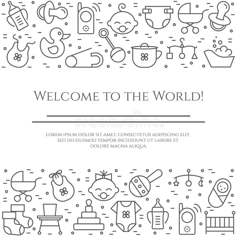 Horizontale Fahne des Babythemas Piktogramme des Babys, des Pram, der Krippe, des Mobiles, der Spielwaren, des Geklappers, der Fl vektor abbildung Horizontale Fahne des Babythemas Piktogramme des Babys, des Pram, der Krippe, des Mobiles, der Spielwaren, des Geklappers, der Fl vektor abbildung
