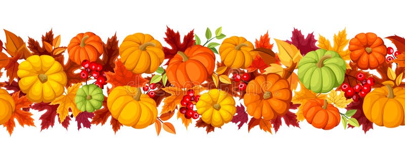Horizontale naadloze achtergrond met kleurrijke pompoenen en de herfstbladeren Vector illustratie