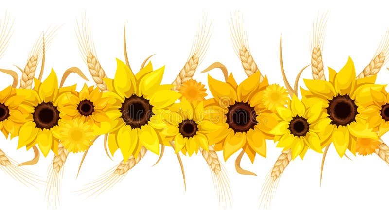 Horizontale naadloze achtergrond met zonnebloemen en oren van tarwe Vector illustratie royalty-vrije illustratie Horizontale naadloze achtergrond met zonnebloemen en oren van tarwe Vector illustratie royalty-vrije illustratie